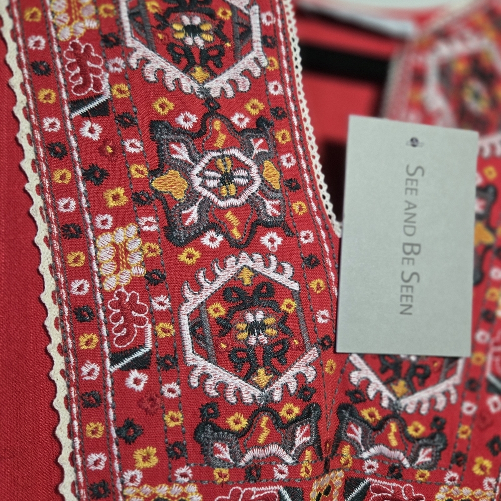 See and Be Seen Red Embroidered Linen Boho Midi Dress – Size Small, NWT - Picture 5 of 7